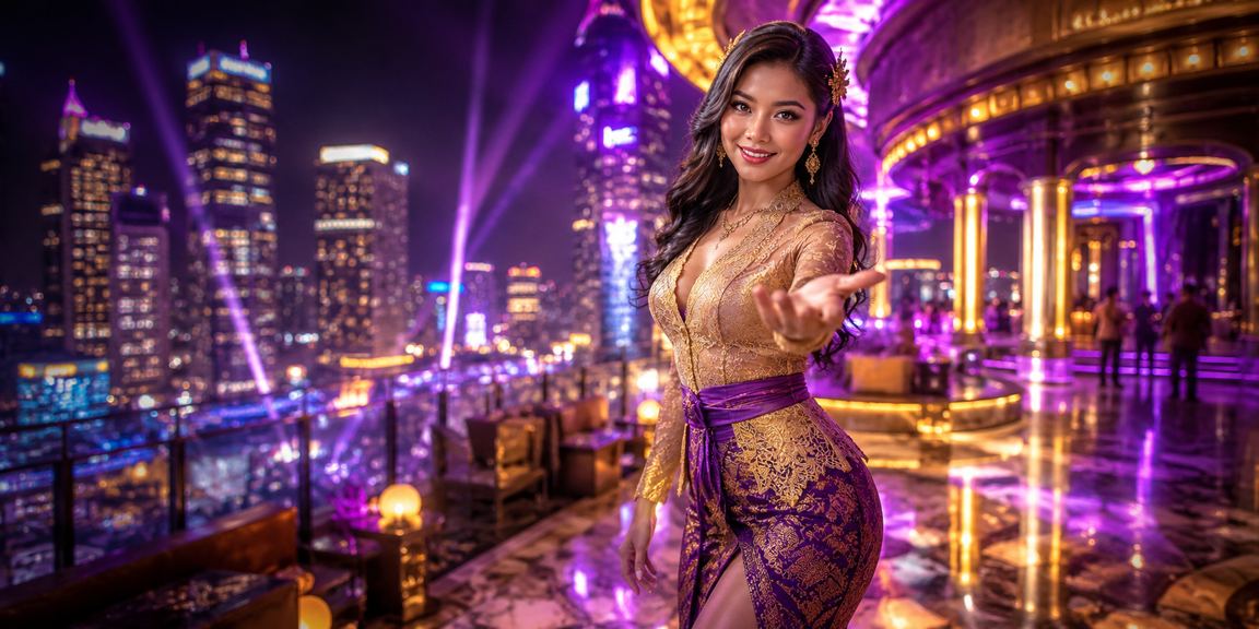 Suasana pasar malam yang ramai dengan cahaya lampu warna-warni dan pengguna menikmati taruhan