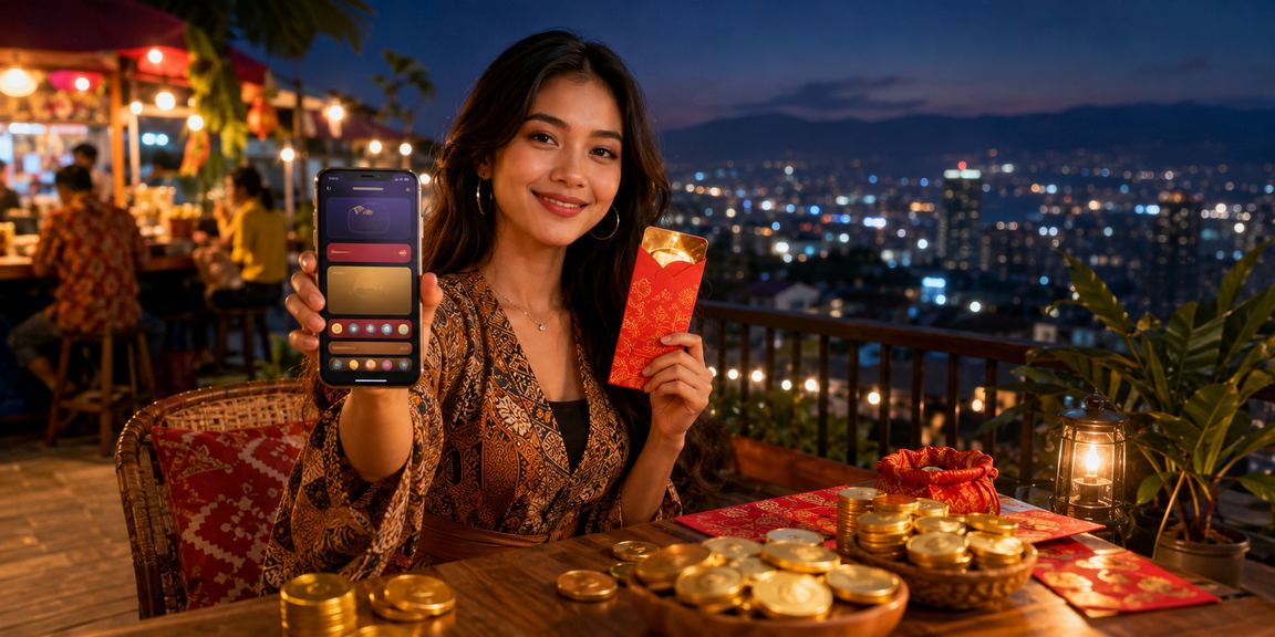 Model Indonesia menggenggam amplop merah simbol keberuntungan dan semangat bermain lotre online