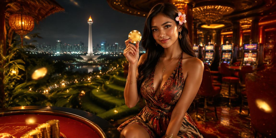 Model perempuan bergaya elegan di suasana kasino online mewah dengan nuansa malam