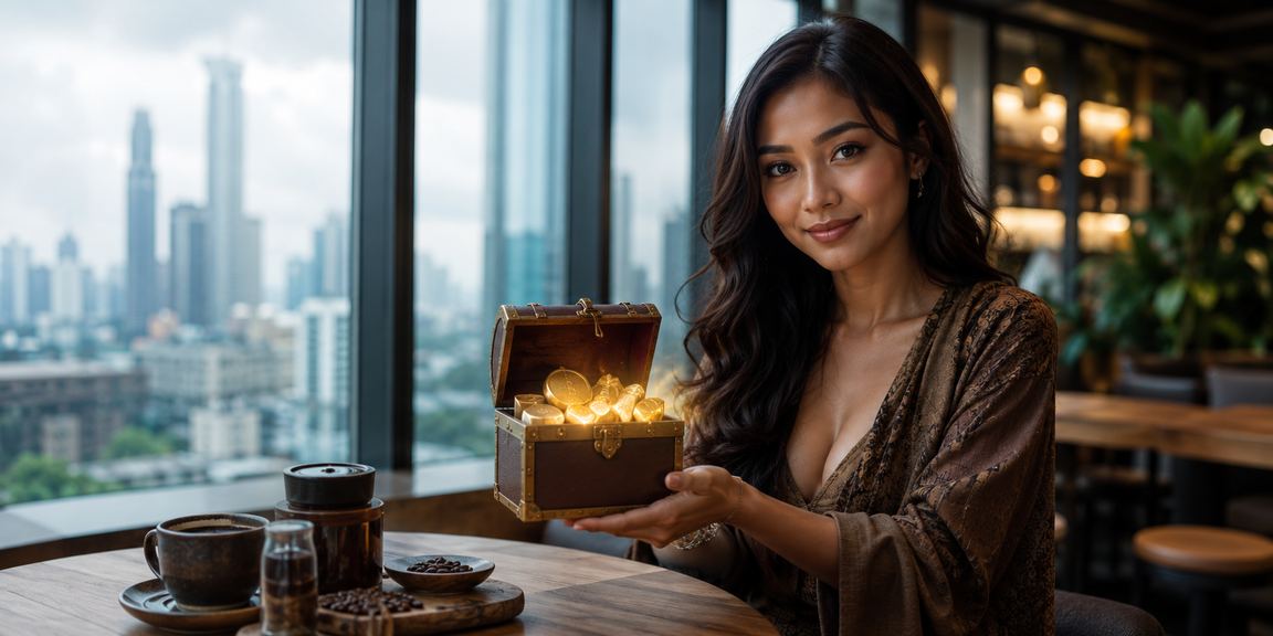 Suasana nyaman di kedai kopi sambil mengikuti informasi lotre online terbaru lewat ponsel