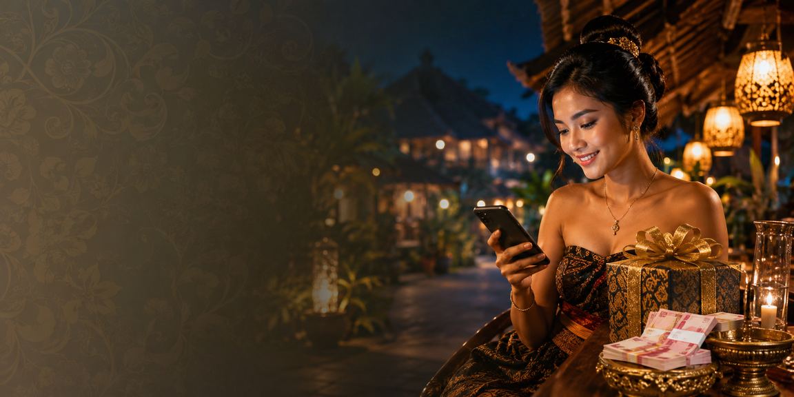 Suasana malam dengan lentera tradisional dan seseorang menikmati kasino mobile di ponsel