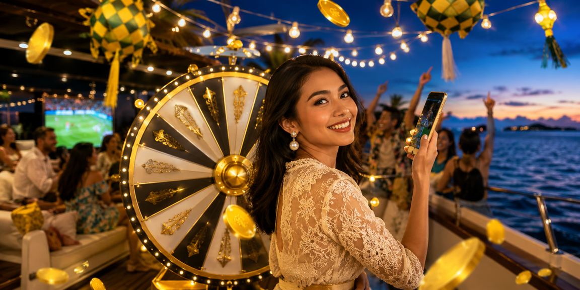 Momen lucky draw di pantai dengan suasana bahagia dan penuh keberuntungan saat sore hari